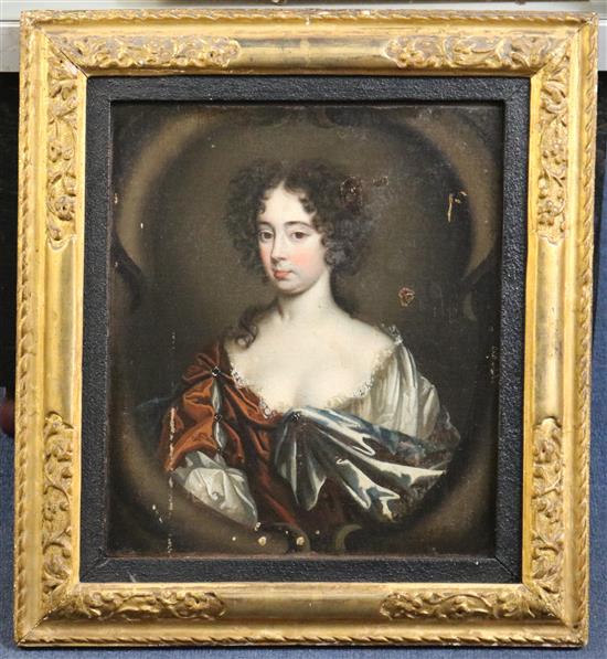 Attributed to Caspar Netscher (1639-1684) Portrait of a lady, thought to be the Duchess of Portsmouth, 14 x 12in.